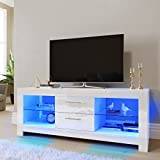 ELEGANT High Gloss TV Stand with LED Ambient Lights, Modern TV Stand with Open Shelf Storage Cabinet for 32 40 43 50 52 inch 4k TV (White, 1300x400x500mm)