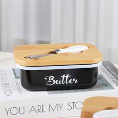 SHEIN Minimalist Iron Butter Dish With Bamboo Lid And Knife For Cheese Storage And Serving