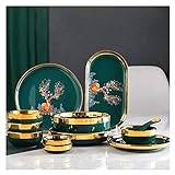 Dining Plate Set 33 Pcs Dinnerware Sets European Style Porcelain Tableware Set with Plates and Bowls Green Auspicious Deer Ceramic Dinner Set