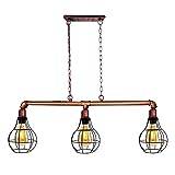 DC Voltage Retro Style Pewter, Steampunk Metal 3 Way Bar Over Table Water Pipe Style Ceiling Light Fitting Vintage Industrial Suspended Pendant Lamp for Living Room (Rustic Red + Cage)