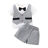 Infant Baby Newborn Print Girls Boys Fall Short Sleeve Patchwork Tshirt Bow Tie Shorts Outfits Clothes 3-6 Months Baby Boy Clothes (White, 18-24 Months)