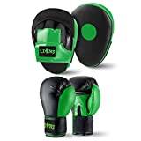 Lions Boxing Set Focus Pads and Gloves Mitts Punch Bag MMA Training Hook & Jab, Men Women Adult Kids Unisex Sparring Martial Arts Karate Fitness Exercise Sets (Green Injection, 10 oz)