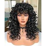 CoCrowns Curly Wig with Bangs for Black Women Long curly Shag Synthetic Hair Wigs Daily Use Cosplay 17 Inch (Black)