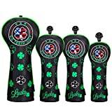 Golf Headcovers for Woods Driver Fairway Wood Hybrid Vintage Style Golf Wood Head Cover Set 4pcs PU Leather for Taylormade Callaway Titleist Ping Cobra Cleveland # 1 F F H (4PCS-Lucky Clover Black)