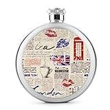 Retro UK Newspaper London Round Hip Flask for Liquor Portable Stainless Steel Pocket Wine Flask With Lid For Men Women 5 OZ