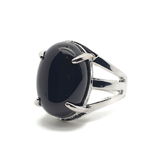Black obsidian oval ring natural gemstone cocktail boho adjustable silver plated