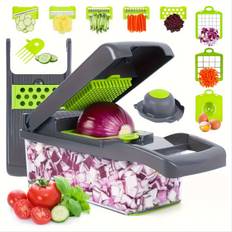 1 Set, 13in1 Vegetable Chopper And Fruit Slicer With 8 Blades And Container - Multifunctional Manual Food Grater, Vegetable Slicer, Cutter, Onion Mincer, Potato - Kitchen Gadgets For Easy Preparation - Grey-Green