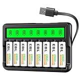 EBL AA Rechargeable Batteries 2800mAh 8 Count and 8 Bay Smart Battery Charger with Built-in Cable for AA AAA Ni-MH Ni-CD Rechargeable Batteries (2023 Newest Version)