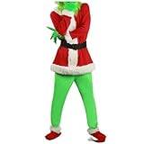 Didabon Grinch Costume Adult Christmas Santa Costume for Women Men, 6 Piece Set Green Santa Mask The Grinch Onesie Outfit Furry Christmas Cosplay Furry Suits