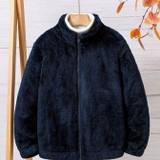 Kid's Fuzzy Fleece Jacket, Zip Up Stand Collar Coat, Boy's Clothes For Fall Winter Outdoor - Navy Blue - 7-8Y