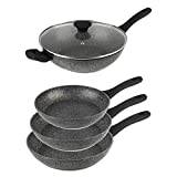Salter COMBO-8273A Frying Wok Set, Non-Stick Forged Aluminium Cooking Pans, Induction Suitable, Corrosion-Resistant, Dishwasher/Metal Utensil Safe, Soft-Touch Handle, Megastone, Silver/Black