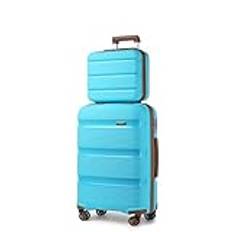 Kono Luggage Sets 2 Piece Hard Shell Polypropylene Travel Trolley with 4 Spinner Wheels TSA Lock Carry On Hand Cabin Suitcase with Beauty Case (Blue/Brown)