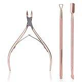 3 Pieces Cuticle Nipper with Cuticle Pusher, Mwoot Stainless Steel Triangle Cuticle Peeler Cuticle Remover and Cutter Beauty Tool for Fingernails and Toenails (Rose Gold)