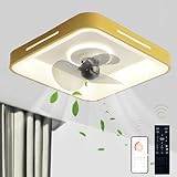 Square Ceiling Fans with Lights and Remote, LED Quiet Ceiling Light with Fan, Dimmable, DC Moter, Timming, Memory Function, Flush Mount Ceiling Fan with Light for Bedroom( Kids) Living Room-Gold