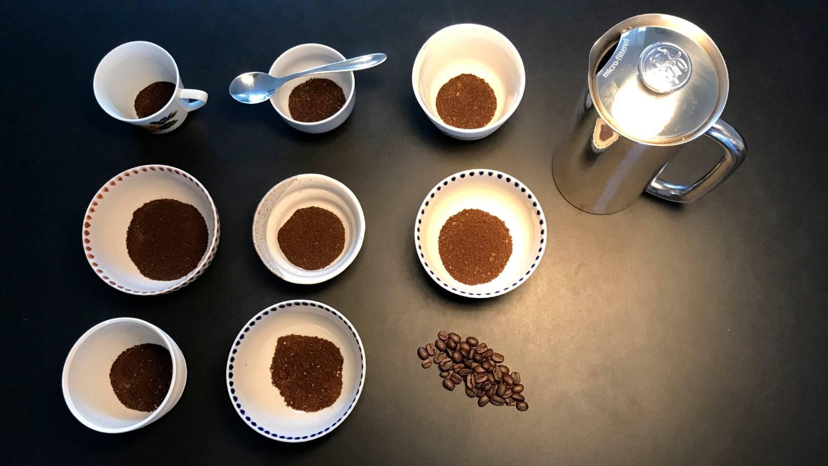Image from the test of coffee grinders showing freshly ground coffee from various grinders and settings