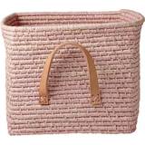 Brown Storage Baskets Kid's Room Rice Small Square Raffia Basket with Leather Handles