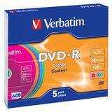 16x - DVD Optical Storage Verbatim DVD-R Colour 4.7GB 16x Slimcase 5-Pack