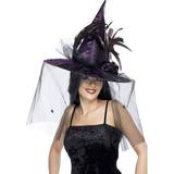 Purple Headgear Smiffys Witch Hat Feathers & Netting Purple