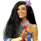 Around the World Long Wigs Fancy Dress Widmann Hula Hula Black Wig with Flower