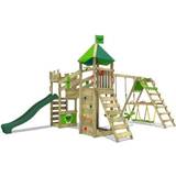 Swing Sets - Wooden Toys Playground Fatmoose RiverRun Royal XXL Climbing Frame with SurfSwing & Green Slide