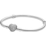 Pandora Pendant Necklaces Jewellery Pandora Moments Sparkling Heart Clasp Snake Chain Bracelet - Silver/Transparent