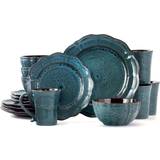 Elama 16-Piece Modern Blue Stoneware Dinnerware Set (Service for 4) Blue/ Black Dinner Set
