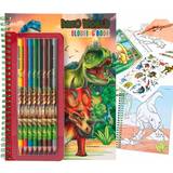 Colouring Books Depesche 11385 Dino World Book with Small Pen Set of 8 Pencils, a Sticker Sheet and Many T-Rex, Dinosaurs and Jungle Motifs for Colouring and Sticking, Multicoloured