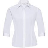 Women Shirts Russell Collection Ladies 3/4 Sleeve Poly-Cotton Easy Care Fitted Poplin Shirt (White)