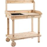 Potting Benches OutSunny Wooden Work Table w/ 2 Wheels