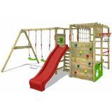 Fatmoose Playground Fatmoose Wooden climbing frame ActionArena with swing set and red slide, Garden playhouse with climbing wall & play-accessories