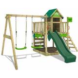 Fatmoose Sand Boxes Playground Fatmoose Wooden climbing frame JazzyJungle with swing set and green slide, Playhouse on stilts for kids with sandpit, climbing ladder & play-accessories