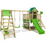 Fatmoose Swings Playground Fatmoose Wooden climbing frame JazzyJungle with swing set SurfSwing and apple green slide, Playhouse on stilts for kids with sandpit, climbing ladder &