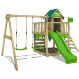 Fatmoose Playground Fatmoose Wooden climbing frame JazzyJungle with swing set and apple green slide, Playhouse on stilts for kids with sandpit, climbing ladder & play-accessories