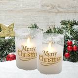 Gold LED Candles LumaBase Battery Operated Glass Merry Christmas Set of 2 LED Candle