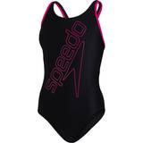 UV Protection Bathing Suits Speedo Girl's Boomstar Placement Flyback Swimsuit - Black/Pink (812385-G006)