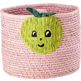 Rice Round Raffia Basket w. Apple Embroidery