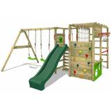 Fatmoose Wooden climbing frame ActionArena with swing set and green slide, Garden playhouse with climbing wall & play-accessories