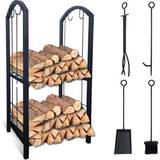 Firewood Baskets VOUNOT Firewood Log Rack with 4pcs Fireplace Tools, Metal Log Store Indoor, Black, 38 x 33 x 75 cm