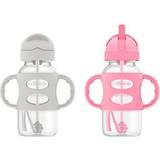 Dr. Brown s Wide-Neck Sippy Straw Bottles with Silicone Handles Gray and Pink 9oz/270ml 2-Pack