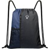 Drawstring Backpack Sports Gym Bag for Women Men Children Large Size with Zipper and Water Bottle Mesh Pockets (Black/Navy)