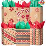 24 Christmas Kraft Gift Bags with Assorted Christmas Prints for Kraft Holiday Paper Gift Bags Christmas Goody Bags Xmas Gift Bags Classrooms and Party Favors by Joiedomi