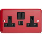 Varilight XY5U2SB.PR Lily Primary Pillar Box Red 2 Gang Double 13A Switched Plug Socket 2.1A USB