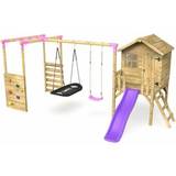 Rebo Orchard 4ft Wooden Children's Playhouse, Swings, Monkey Bars, Deck & 6ft Slide Double Swing Sage Purple