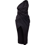 PrettyLittleThing Satin One Shoulder Pleat Detail Midi Dress - Black