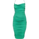 PrettyLittleThing Crinkle Texture Ruched Cowl Neck Midi Dress - Green