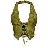 PrettyLittleThing Washed Faux Leather Lace Up Plunge Halterneck Top - Olive