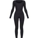 Black - Women Jumpsuits & Overalls PrettyLittleThing Ribbed Long Sleeve Scoop Neck Jumpsuit - Black