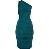 Elastane/Lycra/Spandex - Knee Length Dresses PrettyLittleThing Slinky One Shoulder Ruched Longline Midi Dress - Emerald Green