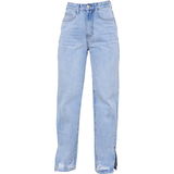 PrettyLittleThing Petite Ripped Split Hem Straight Leg Jeans - Light Blue Wash