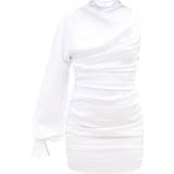 PrettyLittleThing One Sleeve Ruched Woven Bodycon Dress - White
